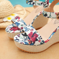Bohemian Thick Heel Platform Sandals Women's Flip Flops Flower Ribbon Beach Shoes Comfortable round Toe Roman Style