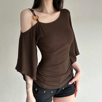 Retro Spice Girl T-shirt Collar Pleated Off Shoulder Beaded Slanted Short Sleeved Summer Casual Slimming Fit Top for Women