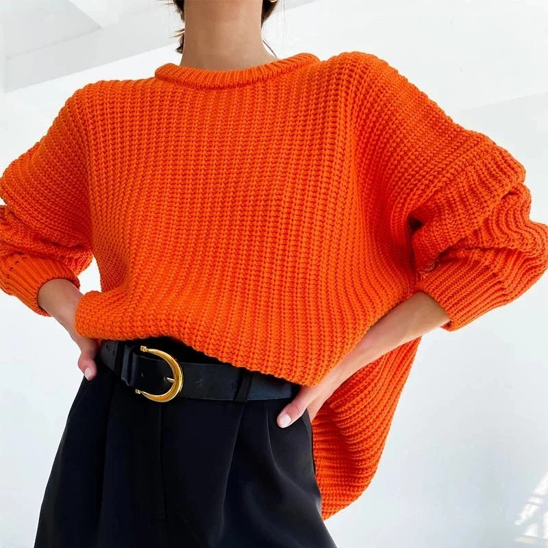 Women Solid Thick Knitted Sweater Long Sleeve Oversized Sweater Female Casual O-Neck Loose Pullovers Sweater