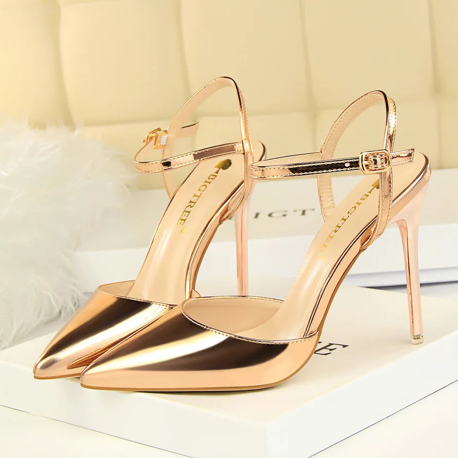 Women 10.5cm High Heels Sandals Lady Metallic Gray Patent Leather Stripper Ankle Strap Sandals Wedding Fetish Nightclub Shoes