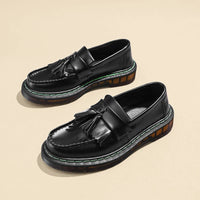 British Style Loafers Casual Round Toe Tassel Women's Leather Low Top Shoes Fashionable Slip-On Shoes