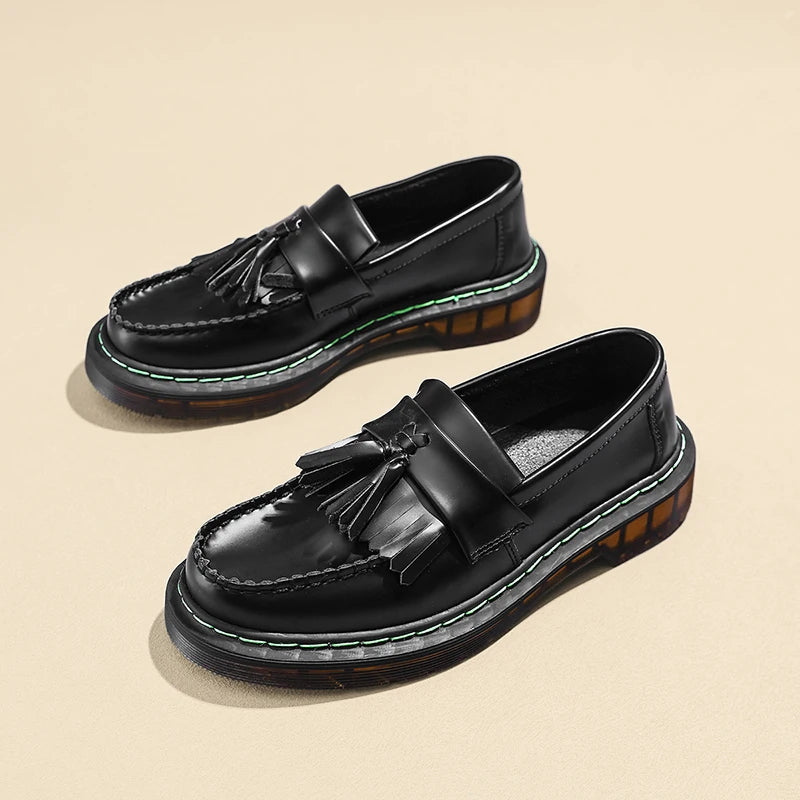 British Style Loafers Casual Round Toe Tassel Women's Leather Low Top Shoes Fashionable Slip-On Shoes