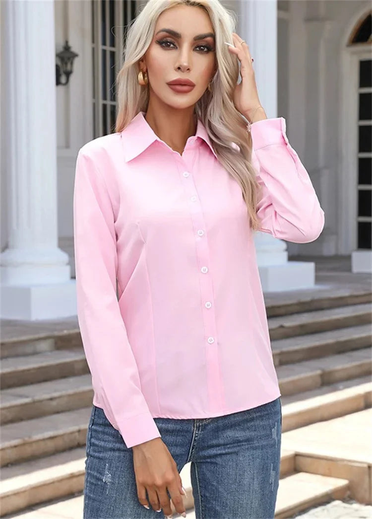 Women Spring Autumn Style Blouses Shirts Lady Casual Long Sleeve Turn-down Collar Solid Color Blouse Tops Natalia Home Fashion    Natalia Home Fashion