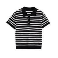 KADUWAKI Korean Version Summer Women's Casual Button Top French Retro Turn-down Collar Striped Knitted Short-sleeved Top Y2k Top Natalia Home Fashion    Natalia Home Fashion