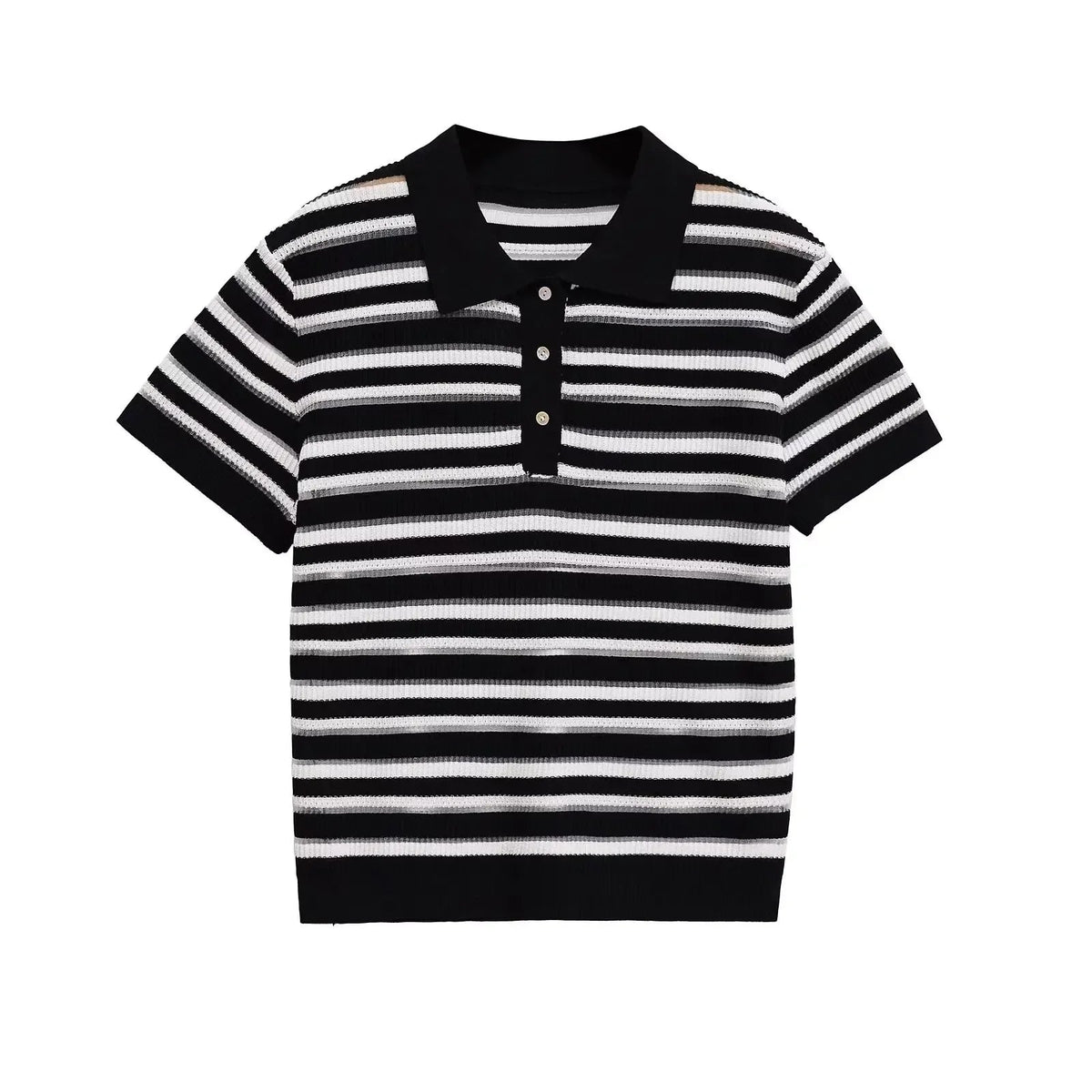 KADUWAKI Korean Version Summer Women's Casual Button Top French Retro Turn-down Collar Striped Knitted Short-sleeved Top Y2k Top Natalia Home Fashion    Natalia Home Fashion