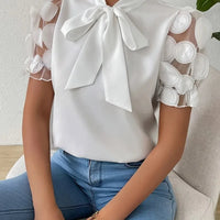 Blouses for Women Trendy Round Neck Mesh Patchwork Short Sleeve Blouse with Neck Tie Short Sleeve Tops T-shirts