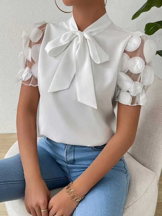 Blouses for Women Trendy Round Neck Mesh Patchwork Short Sleeve Blouse with Neck Tie Short Sleeve Tops T-shirts