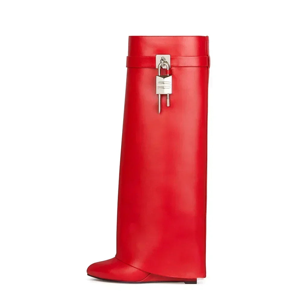 Knee-length Zipper Boots for Women, Thick Soles Metal Decoration Shoes, Shark Lock, High Heels, Designer Fashion Brand - Natalia Home Fashion