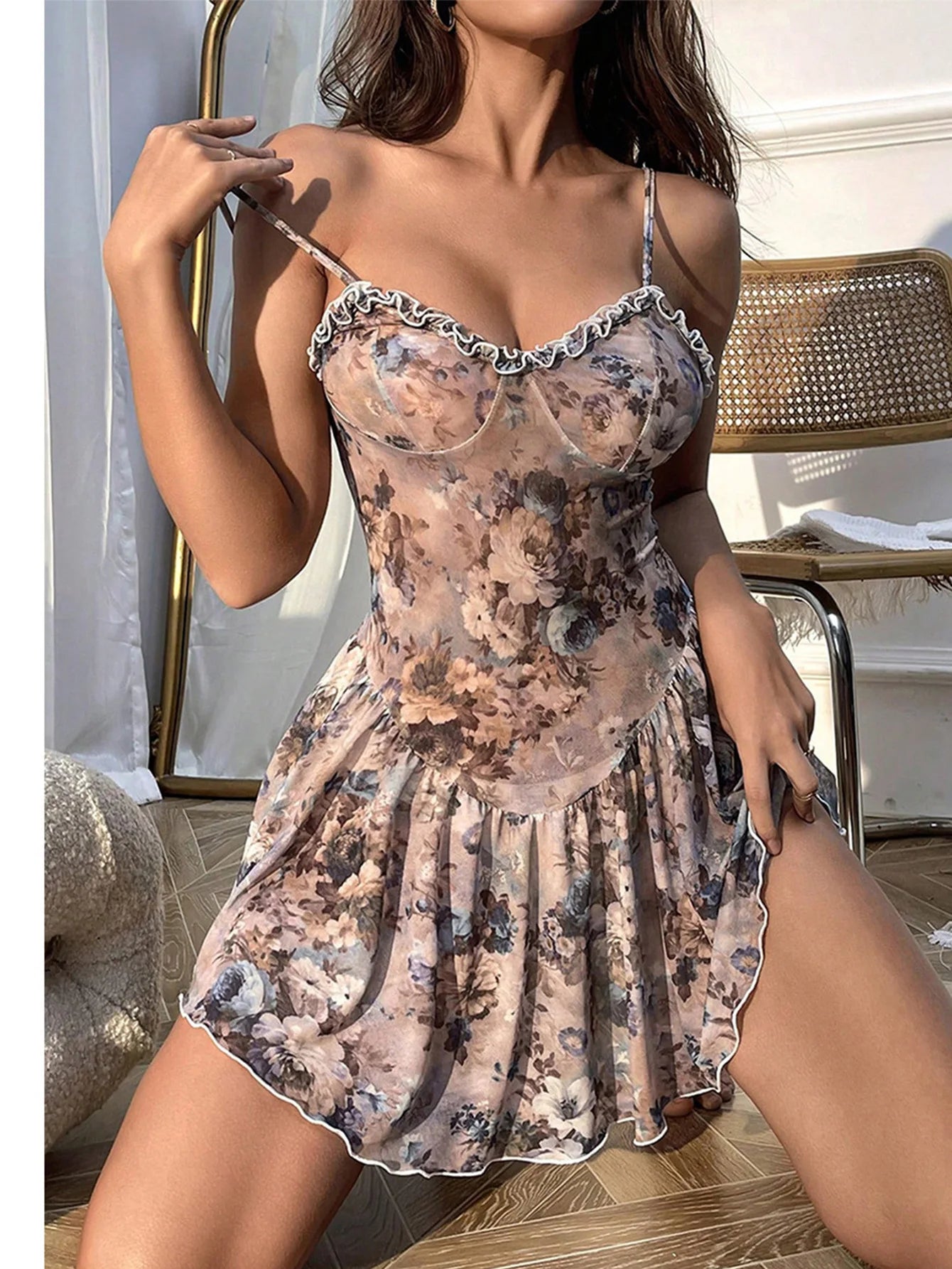 Baby doll Floral pleated camisole short skirt and nightgown Women pajama sexy lingerie for women push up adult sexy nights