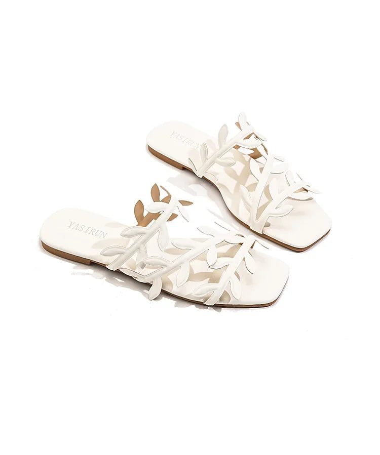 Leaf Pattern Women's Sandals Outdoor Wear New Style Beach Flat Bottom Slip-On Holiday Comfortable Breathable Flats