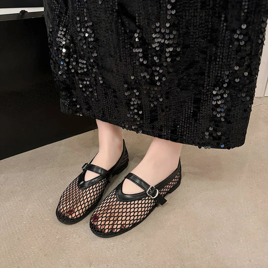 Summer, Wear Round Toe, Straight Buckles, Casual and Comfortable, Women's Flats, Cut-out Mary Jane Single Shoes, fishnet Shoes