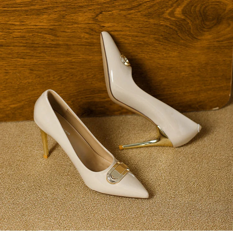 French Style Single Shoes Spring Women Pumps New Pointed Toe Shallow Mouth Metallic Buckle Commuting Shoes Stiletto Single Shoes
