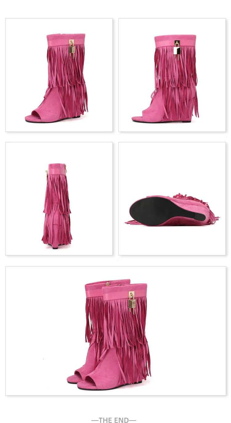 Designer Fringe Wedges Boot Sandals Woman High Heels Open Toe Party Prom Shoes Sexy Zipper Female Pumps Women Boots