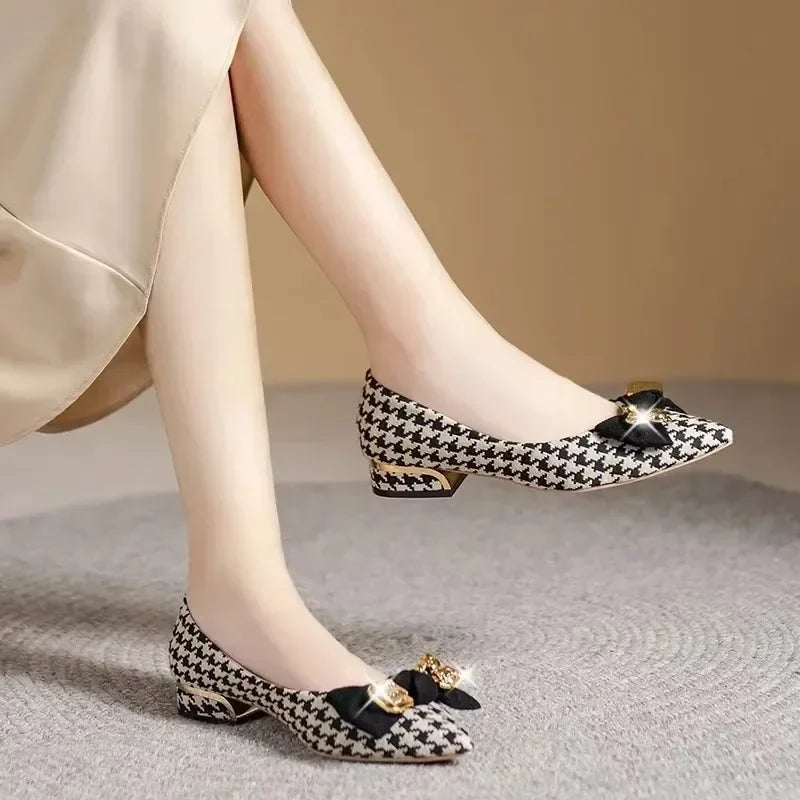 Pointed Toe Slip on Pumps Women's Low Heel Shoes with Bow Tie Shallow Metal Decoration & Versatile Plus Size Shoes