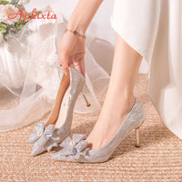 Stiletto Heels Wedding Pumps Women Party Shoes Silver Crystal Butterfly Knot Pointed Toe Sexy High Heels