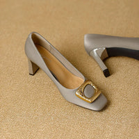 Basic Shallow Square Toe Women Pumps High Quality PU Leather Matte Thick Heel Office Shoes Woman Maroon 7CM High Heels