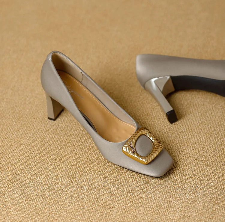 Basic Shallow Square Toe Women Pumps High Quality PU Leather Matte Thick Heel Office Shoes Woman Maroon 7CM High Heels