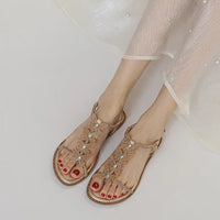 Single-strap rhinestone bow flat sandals, new summer fashion, simple and stylish, suitable for outdoor wear, Roman beach shoes