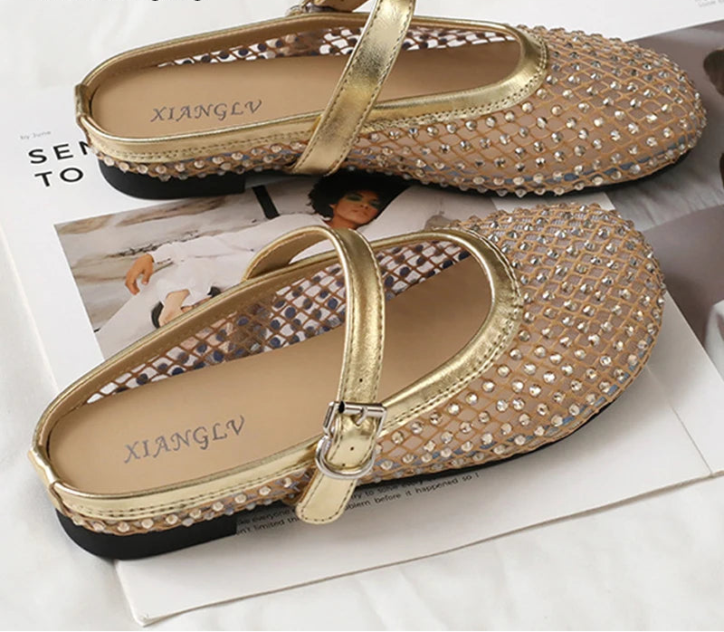 Luxury Shinny Diamond Women Mules Slippers Summer Shoes Crystal Footwear Rhinestones Slip On Brand Mary Jane Sandals Mesh Clogs