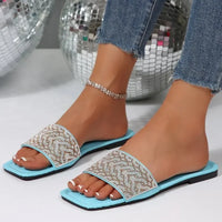 Women's Sandals Flat Bottom Slip-On Shoes Crystal Shiny Sequin Style Square Head Open-Toe Flat Heels
