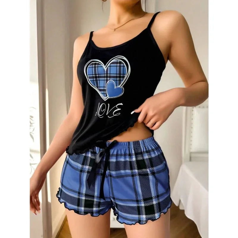 Women Sexy Suspender Shorts Thin Pajamas Letter Print Plaid Shorts Large Pajamas Romantic Home Wear Sexy Nightwear Short Pajama