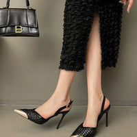 Elegant Hollow Out Woven Stiletto Sandals Women Pointed Toe Metal Straps High Heels