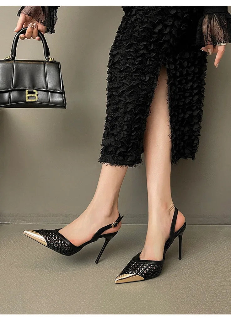 Elegant Hollow Out Woven Stiletto Sandals Women Pointed Toe Metal Straps High Heels