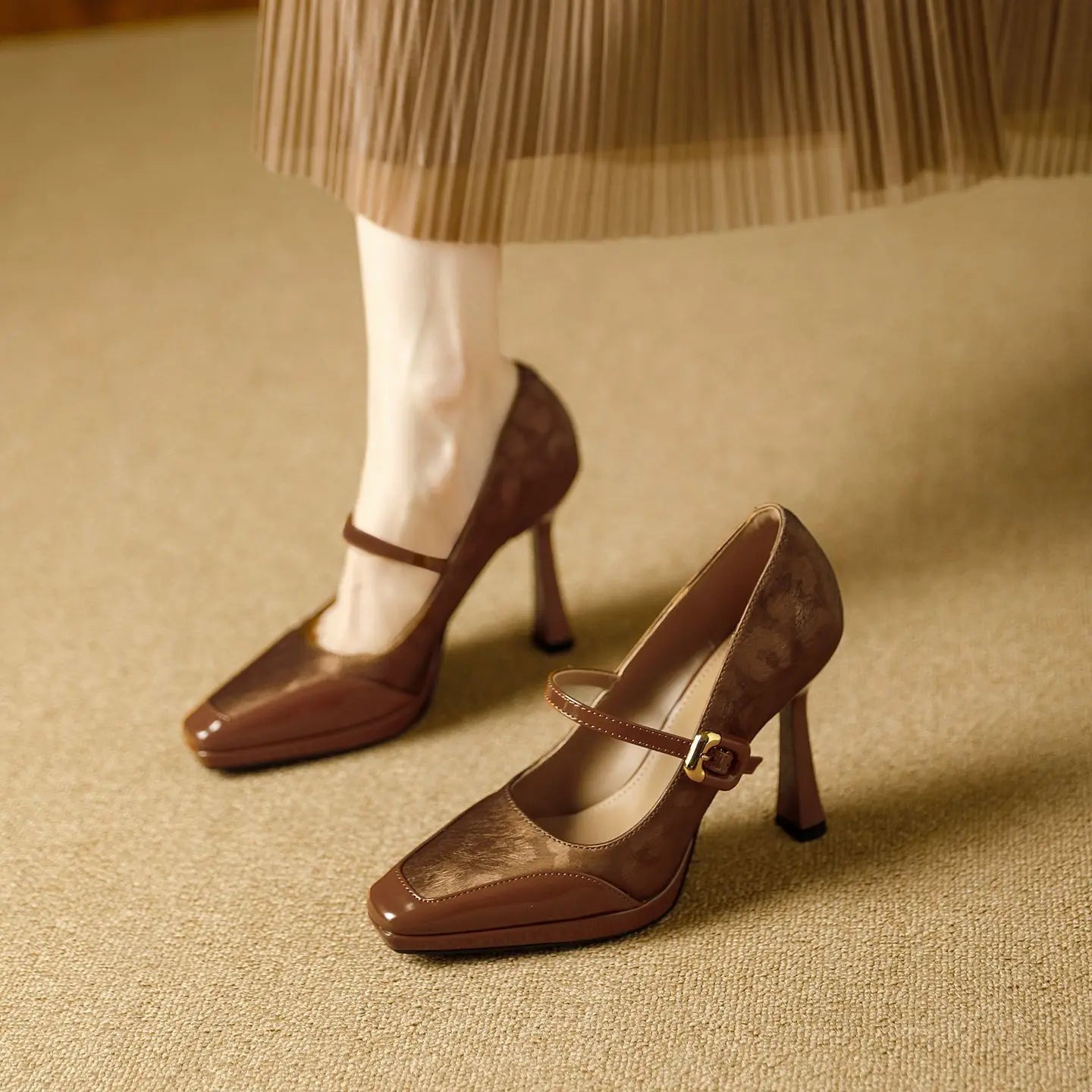 Comfortable Platform High Heels French Style Square Head Thin Strap Mule Women's Shoes