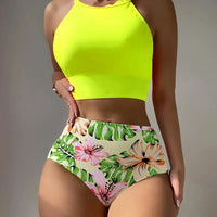 High Waist Bikinis Women High Neck Swimsuit Floral Swimwear Female Bathers Bathing Swimming Suit Summer Beachwear