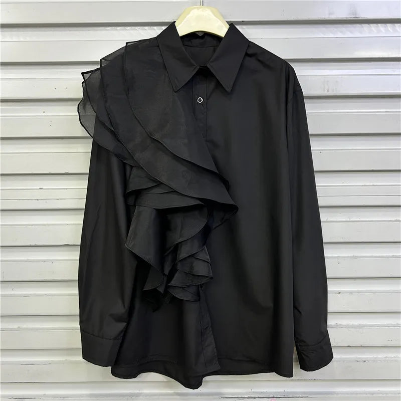 Advanced Style Shirt With Women's Fashion Ruffle Edge Splicing Design Single Breasted Long Sleeved Shirt Women's Loose And Versa