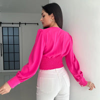 Women's Sexy V-neck Long Sleeved Short Waist Wrapped Bubble Sleeve Solid Shirt