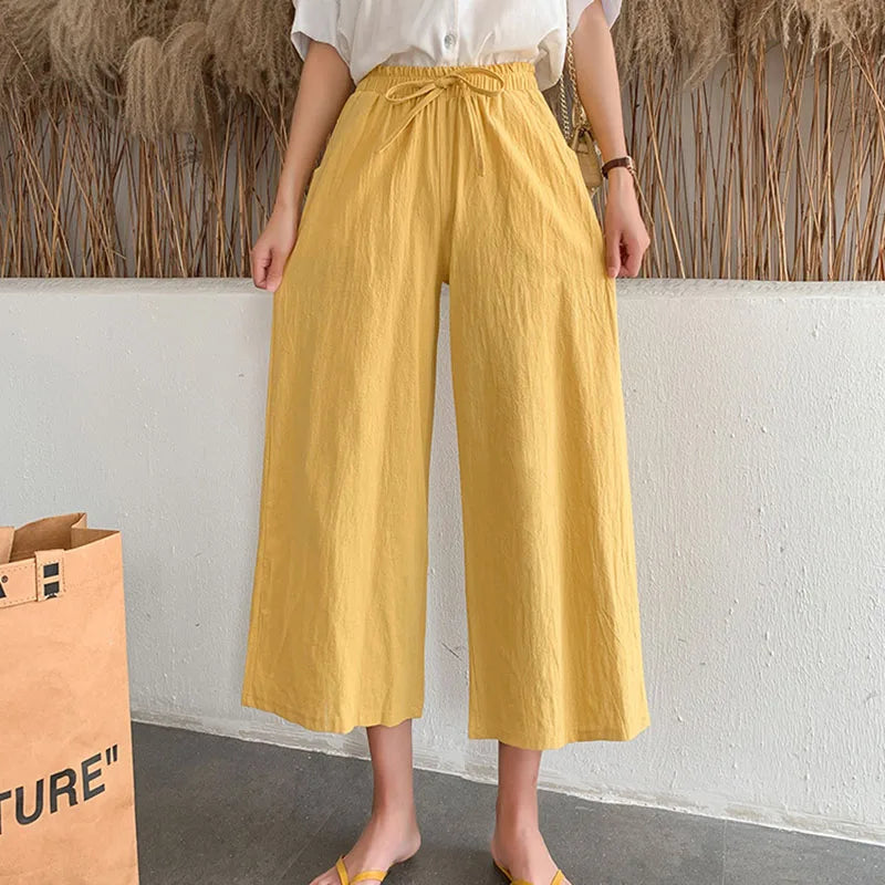 Casual Baggy Wide Leg Trousers Women Summer Thin Comfy Breathable Ankle Length Pants Vintage Loose Cotton Linen Straight Pants