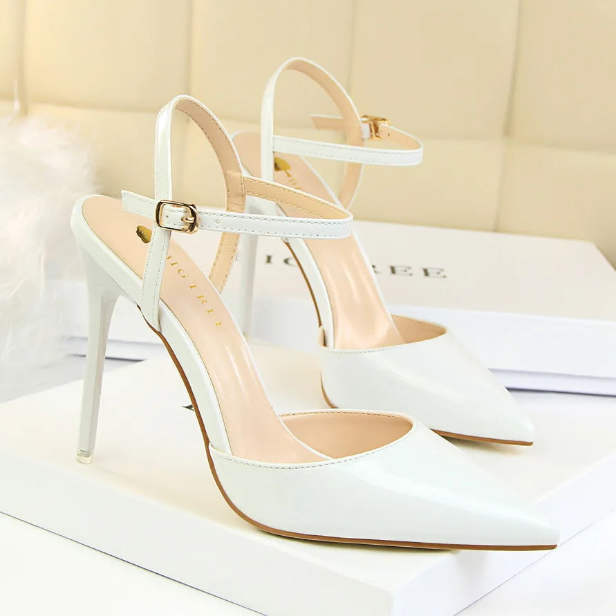 Women 10.5cm High Heels Sandals Lady Metallic Gray Patent Leather Stripper Ankle Strap Sandals Wedding Fetish Nightclub Shoes