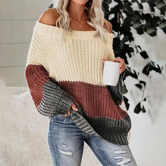 See Through Mesh Hollow Out Tops Long Sleeve Off Shoulder Color Blocking Pullover Knitted Sweater Women My Store