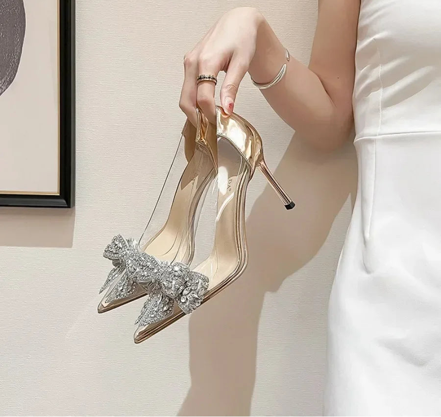 Women's Sexy Evening Wedding Shoes Thin Heels Pumps Shiny Diamond Inlaid Bridal Shoes Pointed Toe Bow Pumps for Women - Natalia Home Fashion