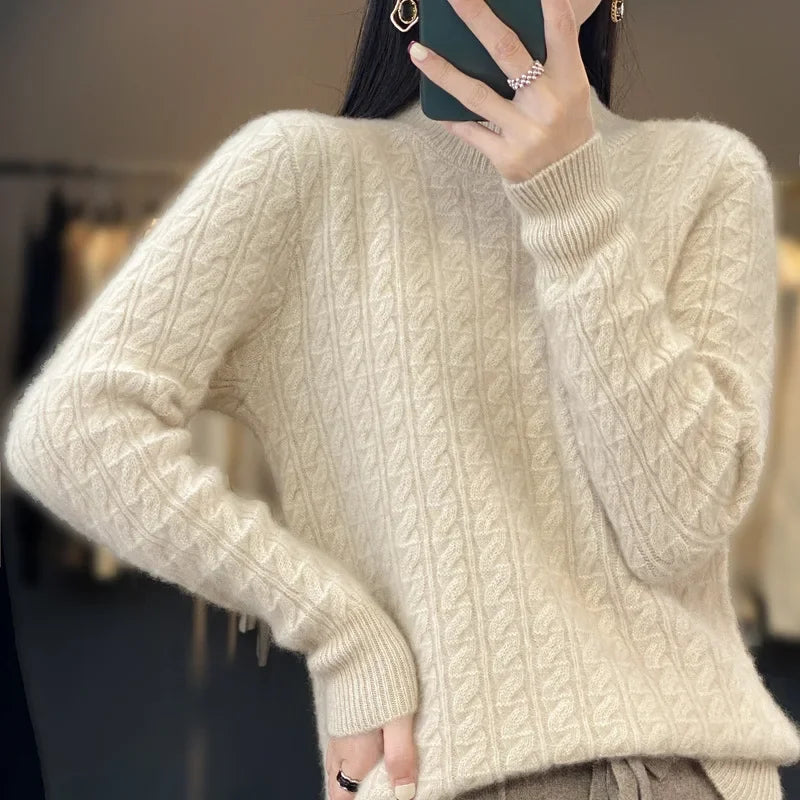 Thickened Pure Wool Knitted Sweater Women's Pullover Half High Collar Cashmere Base Layer Style