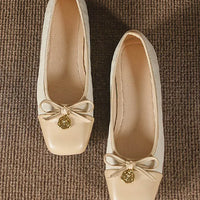 Woman Bowknot Square Toe Lolita Kawaii Lady Barefoot Boat Flats Metal Elegant Ballerina Party Mary Jane Shoes