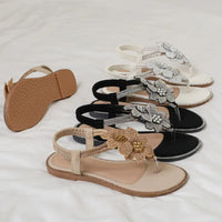 Womens Bohemian Floral Rhinestone Sandals Elegant Crystal Flower Décor Elastic Ankle Strap Soft Cushioned Insole Non Slip Sole
