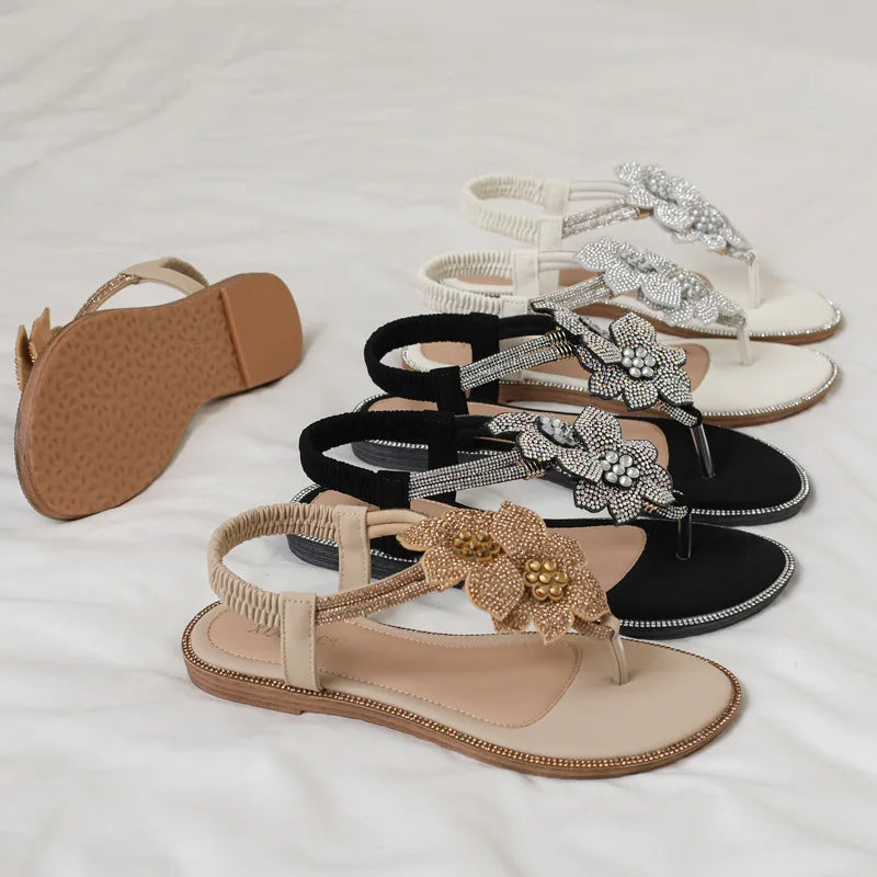 Womens Bohemian Floral Rhinestone Sandals Elegant Crystal Flower Décor Elastic Ankle Strap Soft Cushioned Insole Non Slip Sole