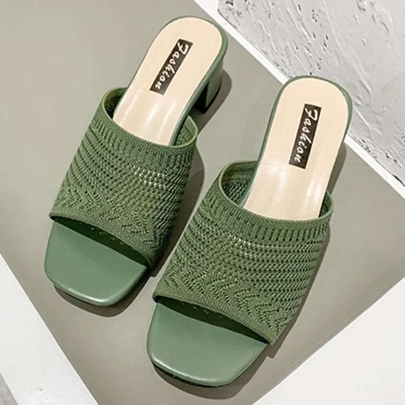 Women Slippers Open Toe Comfort Slippers Women Fashion Fly Weave Outdoor Sandals Women Medium Heel Slippers - Natalia Home Fashion