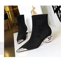 Street Style Fur Metal Hollow Heel Modern Faux Suede Short Boots for Women Metal Pointed Toe Low Heel Boots Female