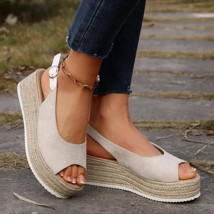 Women's Platform Sandals Summer New Large Size Fish Mouth Slope Heel Stones Pattern Shoes Thick Bottom Clog Casual Slip-On