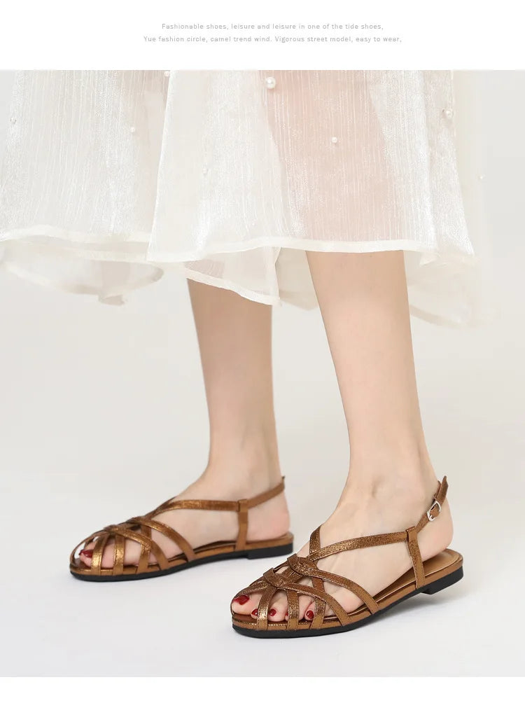 Retro woven Roman sandals, summer open-toe low-heeled women's shoes, one-strap buckle, versatile and fashionable commuter shoes