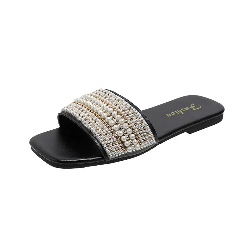 Flat Bottom Sandals Women's Fashionable Pearl Casual Beach Slippers Comfortable Rubber Upper Footwear - Natalia Home Fashion
