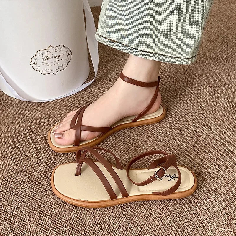 Women's Roman Style Toe Post Sandals Crossbody Flat Bottom Slippers Outdoor Fashionable PVC Material Slip-On Shoes - Natalia Home Fashion