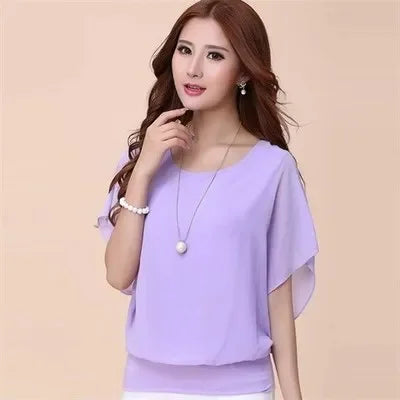 New Spring Summer 2024 Plus Size Women's Clothing Chiffon Short Sleeve Bat Wing Shirt Loose Fit Slimming T-Shirt For Women Natalia Home Fashion    Natalia Home Fashion