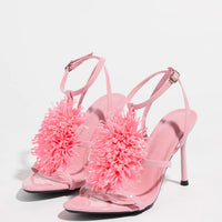 Ladies High Heel Sandals with 3D Fluffy Flower Decorations round Toe Thin Heel Spring Summer Night Club Fashionable Party Shoes