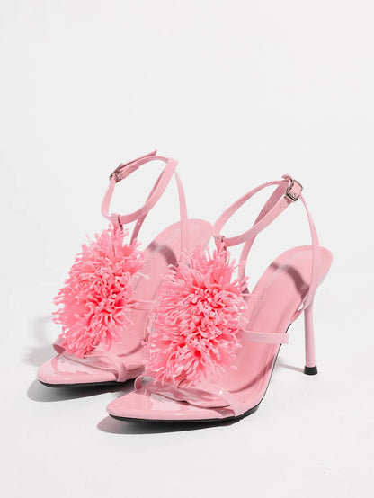 Ladies High Heel Sandals with 3D Fluffy Flower Decorations round Toe Thin Heel Spring Summer Night Club Fashionable Party Shoes Natalia Home Fashion    Natalia Home Fashion