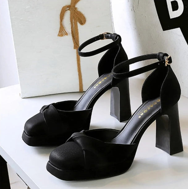 One-Strip Ultra-High Heel Sandals Platform Thick Heel Bow Women Shoes Square Toe Shallow Mouth Hollow Shoes