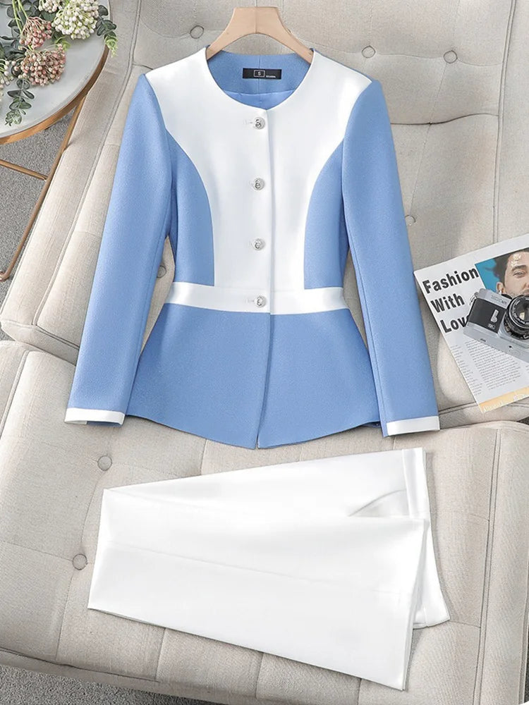 Elegant Blazer for Women Office Fashion Long Sleeve Suits Contrast Color Button Down Pant Suits
